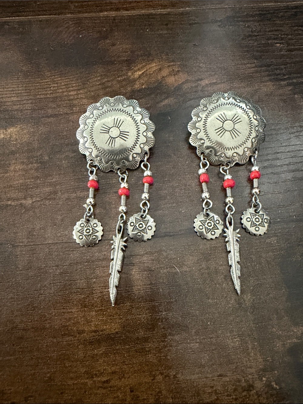 Silver-Tone Southwestern Feather Drop Earrings with Red Beads